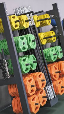 Fitness kulübündeki bir stantta hafif halterler ya da plakalar. Spor aletleri, sağlık merkezi. dikey boyut.