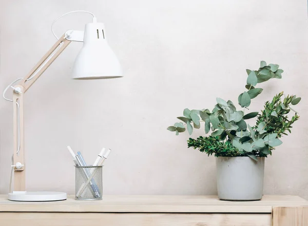 minimal decor scandinavian workspace with white lamp and cement vase with eucalyptus leaves branch. pens stationary. product placement trendy simple style