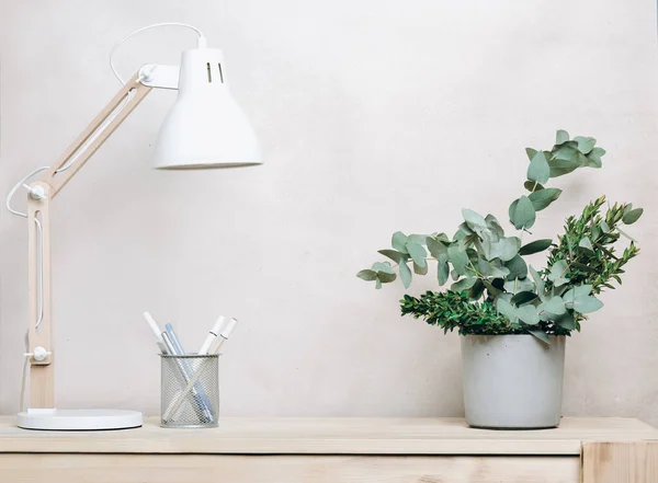 Minimal Decor Scandinavian Workspace White Lamp Cement Vase Eucalyptus Leaves Stock Image