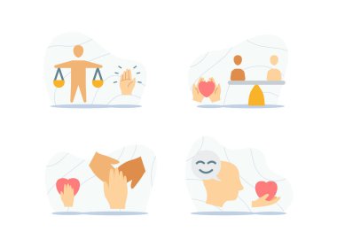 Özfarkındalık simgesi, dayanışma vektörü illüstrasyonunun denge gücünü elinde tutan minnet eylemiyle koleksiyon ayarlandı