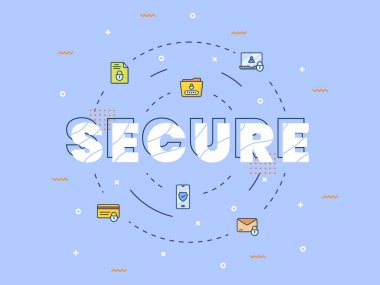 Merkezde kelime veya metin içeren güvenli internet teknolojisi kavramı ve vektör illüstrasyonuna yayılan simge