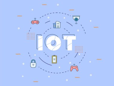Merkezinde büyük metin ve simge olan şeylerin internet konsepti modern düz biçim vektör illüstrasyonu ile etrafa yayıldı