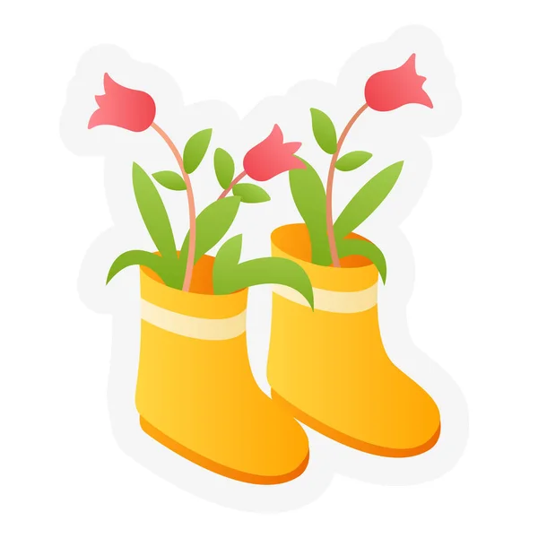 花のブーツ春か春のシングル絶縁アイコンとステッカーアウトラインカットスタイルベクトル — ストックベクタ