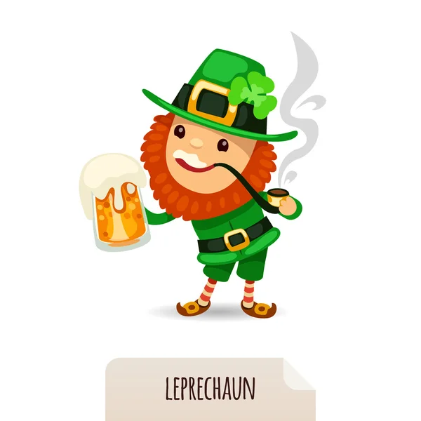 Leprechaun met bier rookt een pijp — Stockvector