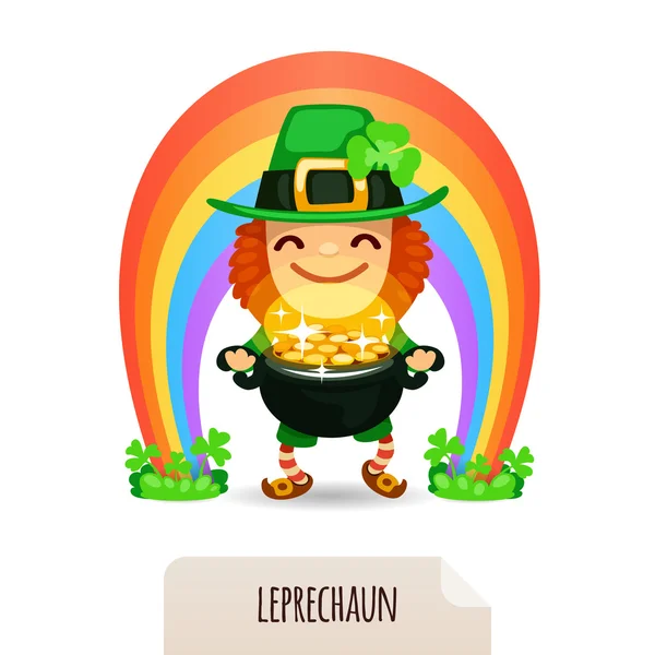 Lucky Leprechaun con monete davanti a un arcobaleno — Vettoriale Stock