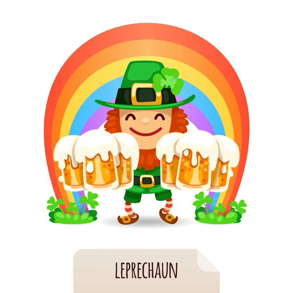 Lucky Leprechaun con una birra davanti a un arcobaleno — Vettoriale Stock