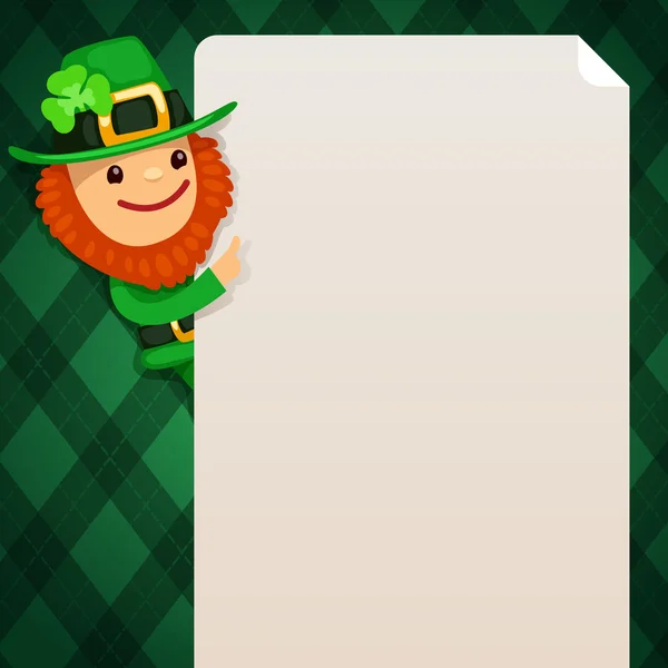 Leprechaun looking at blank poster on green background — Stock Vector