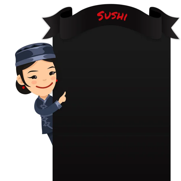 Asian Female Chef Looking at Blank Menu — Stock Vector