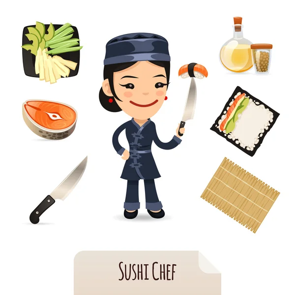 Weibliche Sushi-Köchin Ikonen Set — Stockvektor