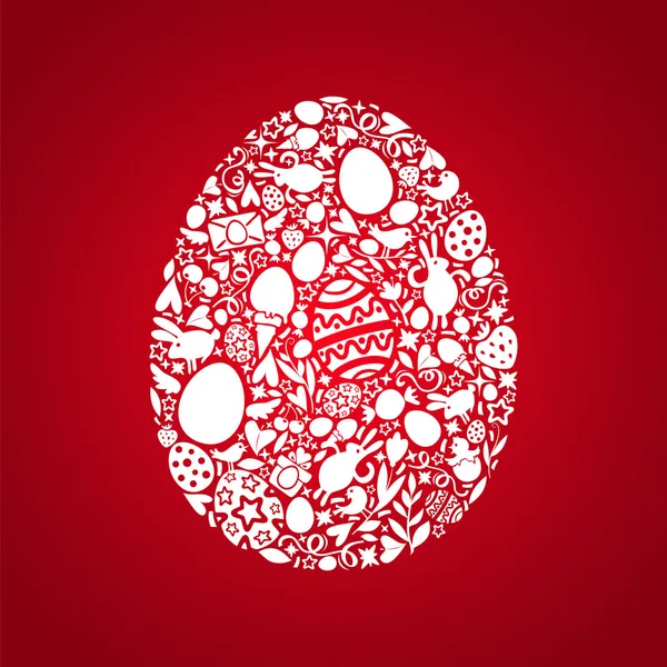 Tarjeta de huevo de Pascua de objetos blancos sobre fondo rojo — Vector de stock