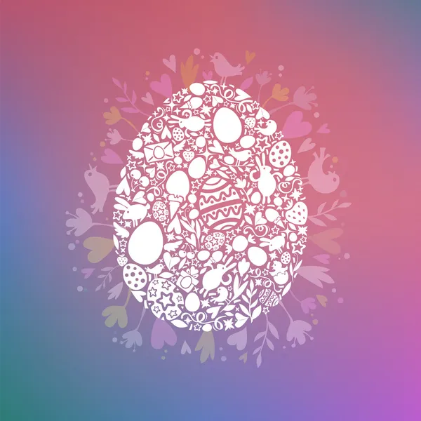 Cartão de ovo de Páscoa de objetos brancos em fundo multicolorido — Vetor de Stock