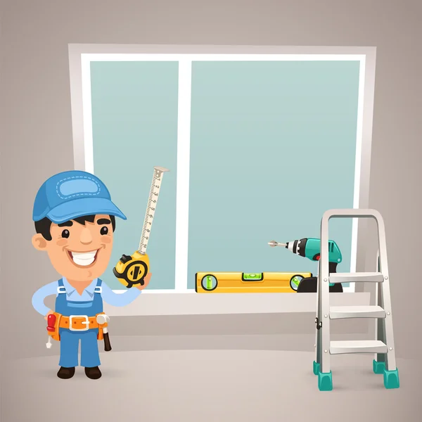 Worker Is Installing the Window — Stock Vector