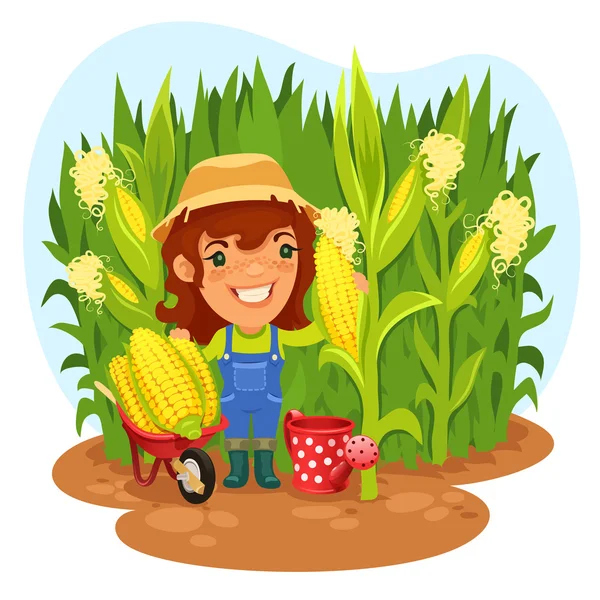 Skörd kvinnliga jordbrukare i ett majsfält — Stock vektor