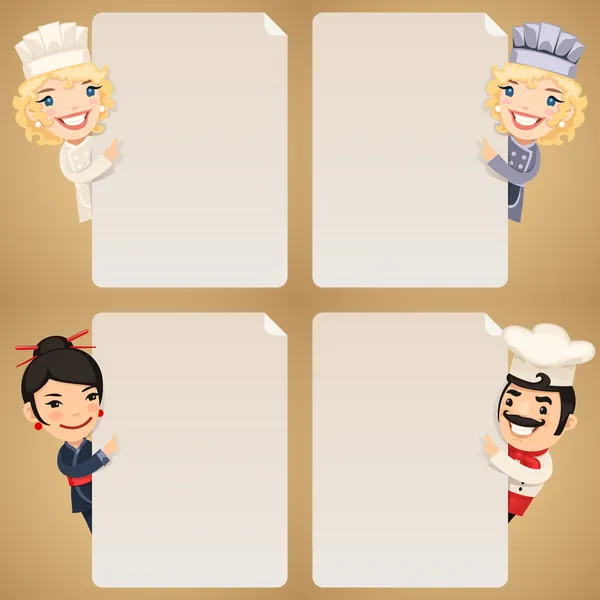 Chefs personagens de desenhos animados olhando para o conjunto de pôster em branco — Vetor de Stock