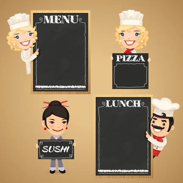 Chef Personaggi dei cartoni animati con menu lavagna — Vettoriale Stock