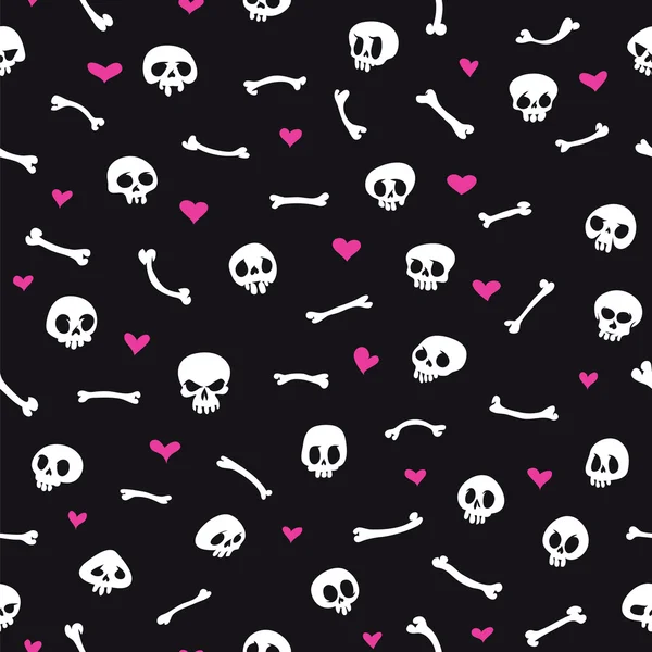 Cartoon Skulls with Hearts on Black Background Seamless Pattern — Stock Vector