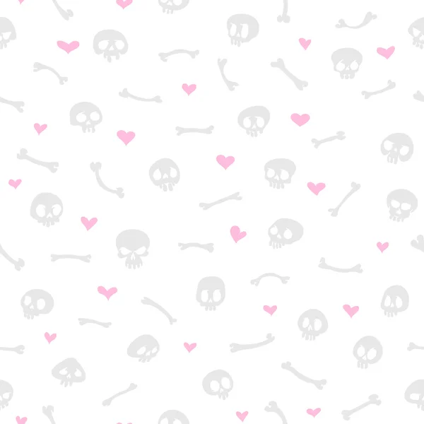 Calaveras de dibujos animados con corazones en fondo blanco patrón sin costuras — Archivo Imágenes Vectoriales