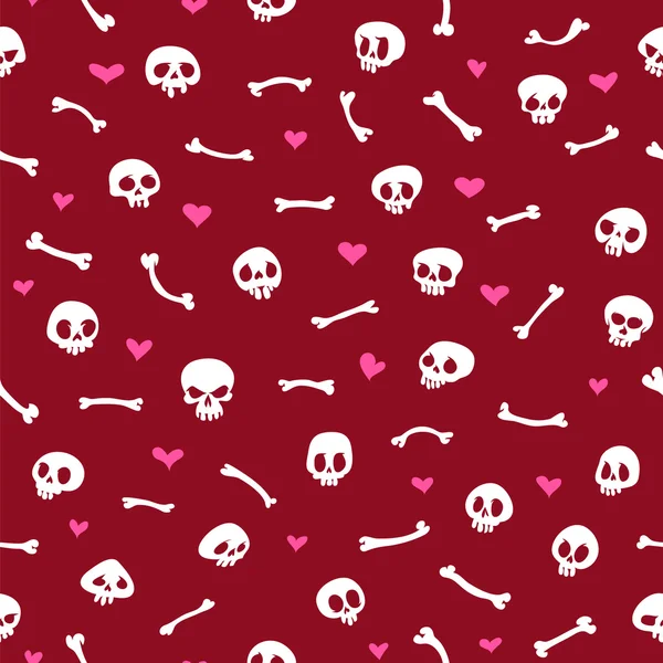 Cartoon-Totenköpfe mit Herzen auf rotem Hintergrund — Stockvektor