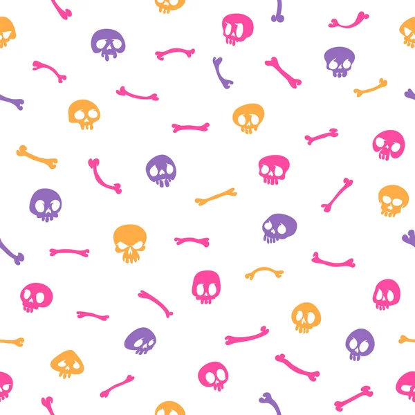 Calaveras de dibujos animados coloridos sobre fondo blanco patrón sin costuras — Vector de stock