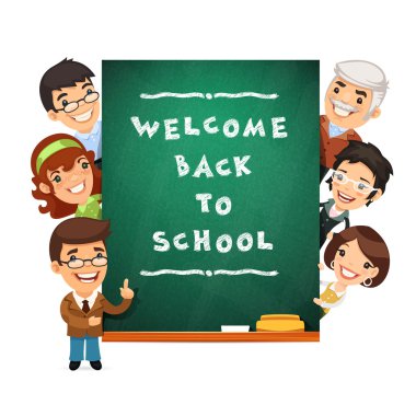 Teacher Points to the Blackboard with Welcome Back to School Phr clipart