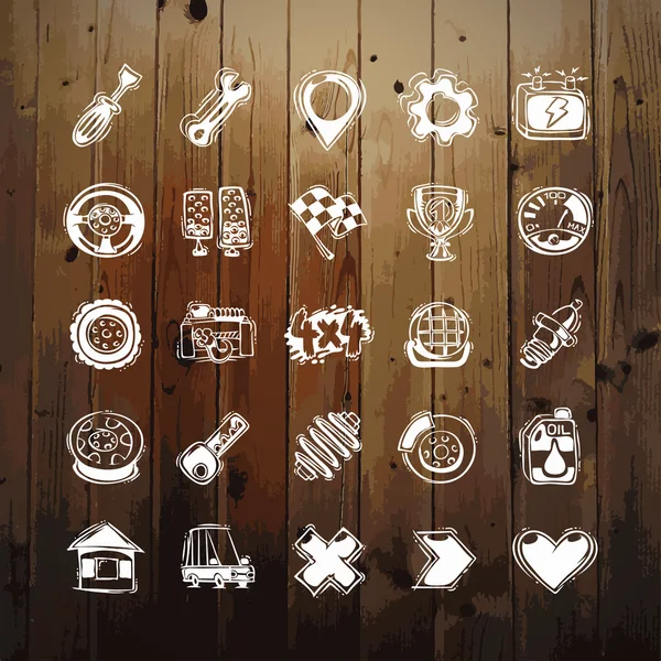 Icons Set of Car Symbols on Wood Texture — Stock Vector