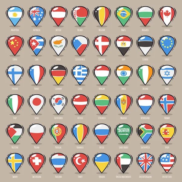 Uppsättning av tecknad karta pekare med världens stater flaggor — Stock vektor