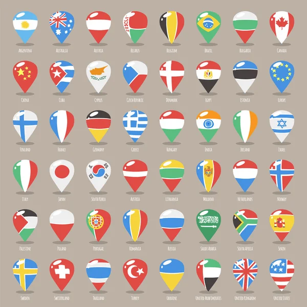 Düz harita işaretçiler ile dünya Birleşik Devletleri bayrakları ayarlamak — Stok Vektör