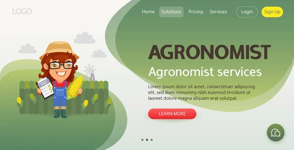 Agronomistische Website Sjabloon Illustratie Van Een Cartoon Vrouw Verkent Een — Stockvector