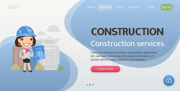 Templat Situs Web Jasa Konstruksi Ilustrasi Kartun Tersenyum Arsitek Memegang - Stok Vektor