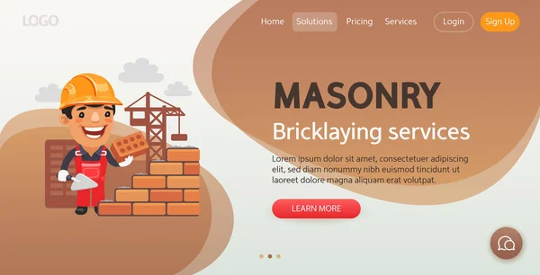 Masonry Website Template Illustration Cartoon Stonemason Builder Lays Brick Wall — Stock Vector