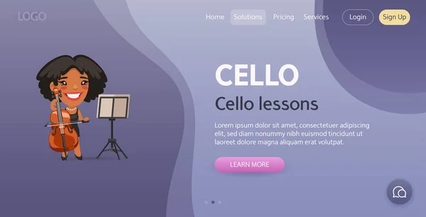 Modèle Site Web Leçons Violoncelle Illustration Une Violoncelliste Dessinée Composition — Image vectorielle