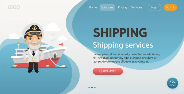 Shipping Services Website Template Illustration Cartoon Captain Stands Pier Front — Vector de stock