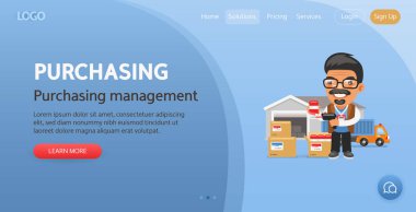 Satın alma yönetimi web sitesi şablonu. Çizgi film müdürünün tasviri malları deponun önüne taşır. Profesyonel bir adamla kompozisyon. Düz erkek karakter.