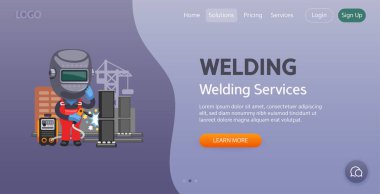 Kaynak Hizmetleri web sitesi şablonu. İnşaat alanındaki kaynakların birinde bir çizgi film kaynakçısı tasviri. Bir profesyonelle kompozisyon. Düz erkek karakter.