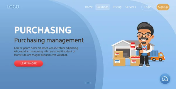 Purchasing Management Website Template Illustration Cartoon Manager Takes Goods Front — Vector de stock