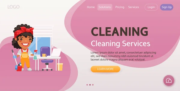 Cleaning Services Website Template Illustration Cleaning Lady Works Composition Professional — Vector de stock