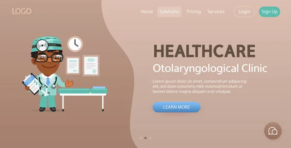 Healthcare Website Template Illustration Cartoon Smiling Doctor Clinic Medical Examination — Stock vektor