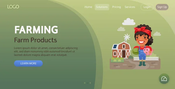 Πρότυπο Ιστοσελίδας Γεωργικών Προϊόντων Εικονογράφηση Ενός Αγρότη Καρτούν Ένα Γουρουνάκι — Διανυσματικό Αρχείο