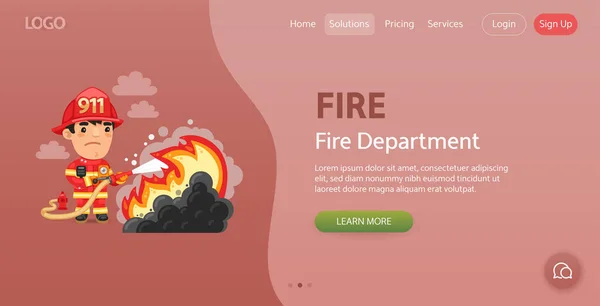Fire Department Website Template Illustration Cartoon Firefighter Extinguishes Fire Hose — Vector de stock