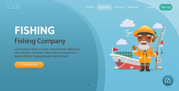 Πρότυπο Ιστοσελίδας Της Fishing Company Εικονογράφηση Ψαρά Κινουμένων Σχεδίων Στέκεται — Διανυσματικό Αρχείο
