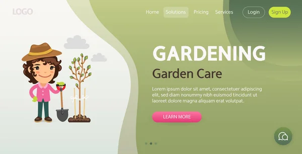 Κήπος Φροντίδας Πρότυπο Ιστοσελίδα Εικονογράφηση Ενός Γυναικείου Κηπουρού Καρτούν Φυτεύει — Διανυσματικό Αρχείο