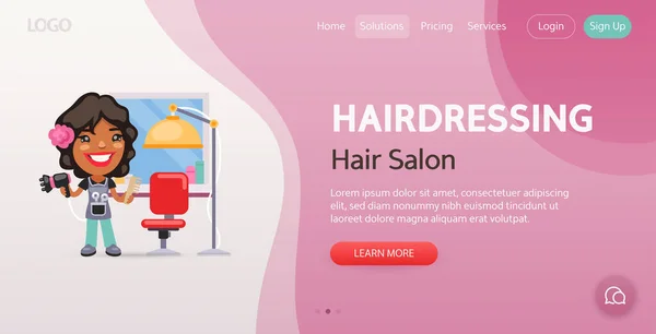 美发沙龙网站模板 理发店一位面带微笑的妇女理发师的画像 有专业人员作曲 平坦的女性角色 — 图库矢量图片