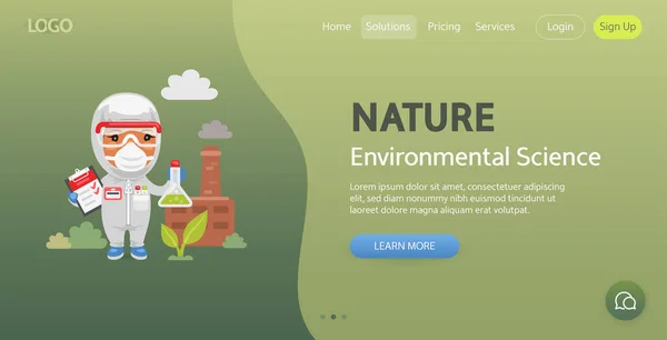 Nature Website Template Illustration Cartoon Environmental Scientist Measures Soil Pollution — Image vectorielle