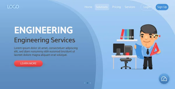 Engineering Services Website Template Illustration Cartoon Engineer Blueprint Office Table — Vector de stock