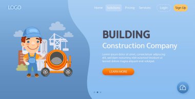İnşaat Şirketi 'nin web sitesi şablonu. Çizgi film yükleyicisinin tasviri inşaat alanındaki beton karıştırıcıda bir çuval çimento taşıyor. Bir profesyonelle kompozisyon. Düz erkek karakter.