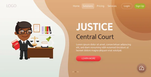 Plantilla Web Del Tribunal Central Ilustración Juez Dibujos Animados Con — Vector de stock