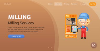 Milling Servisleri web sitesi şablonu. Çizgi film işçisi bir kadının, değirmen makinası kullandığının çizimi. Bir profesyonelle kompozisyon. Düz kadın karakteri.