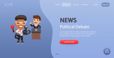 Siyasi Münazara web sitesi şablonu. Bir karikatür foto muhabiri tasviri politikacıların konuşmaları hakkında fotoğraf raporu hazırlıyor. Profesyonel bir adamla kompozisyon.