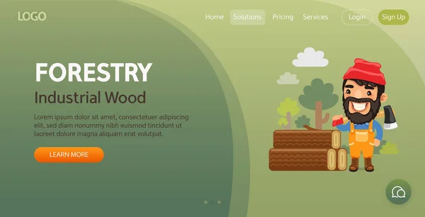 Webová Šablona Pro Průmyslové Dřevo Ilustrace Kresleného Dřevorubce Stojí Lese — Stockový vektor