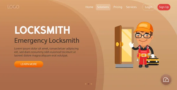 Emergency Locksmith Website Template Illustration Cartoon Locksmith Opened Door Composition — Vector de stock